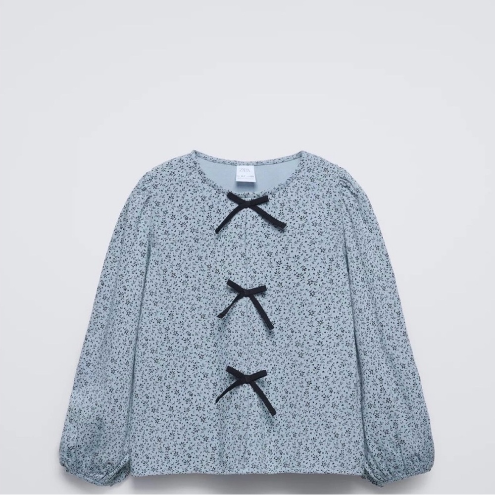 Zara Kids Blue Floral Blouse with Black Bows